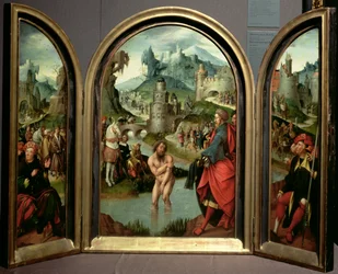 Triptych of the Cleansing of Naaman: the Centre Panel Depicts Naaman, Commander of the Syrian Army, Washing in the River Jordan to Cure His Leprosy at the Command of the Prophet Elisha
